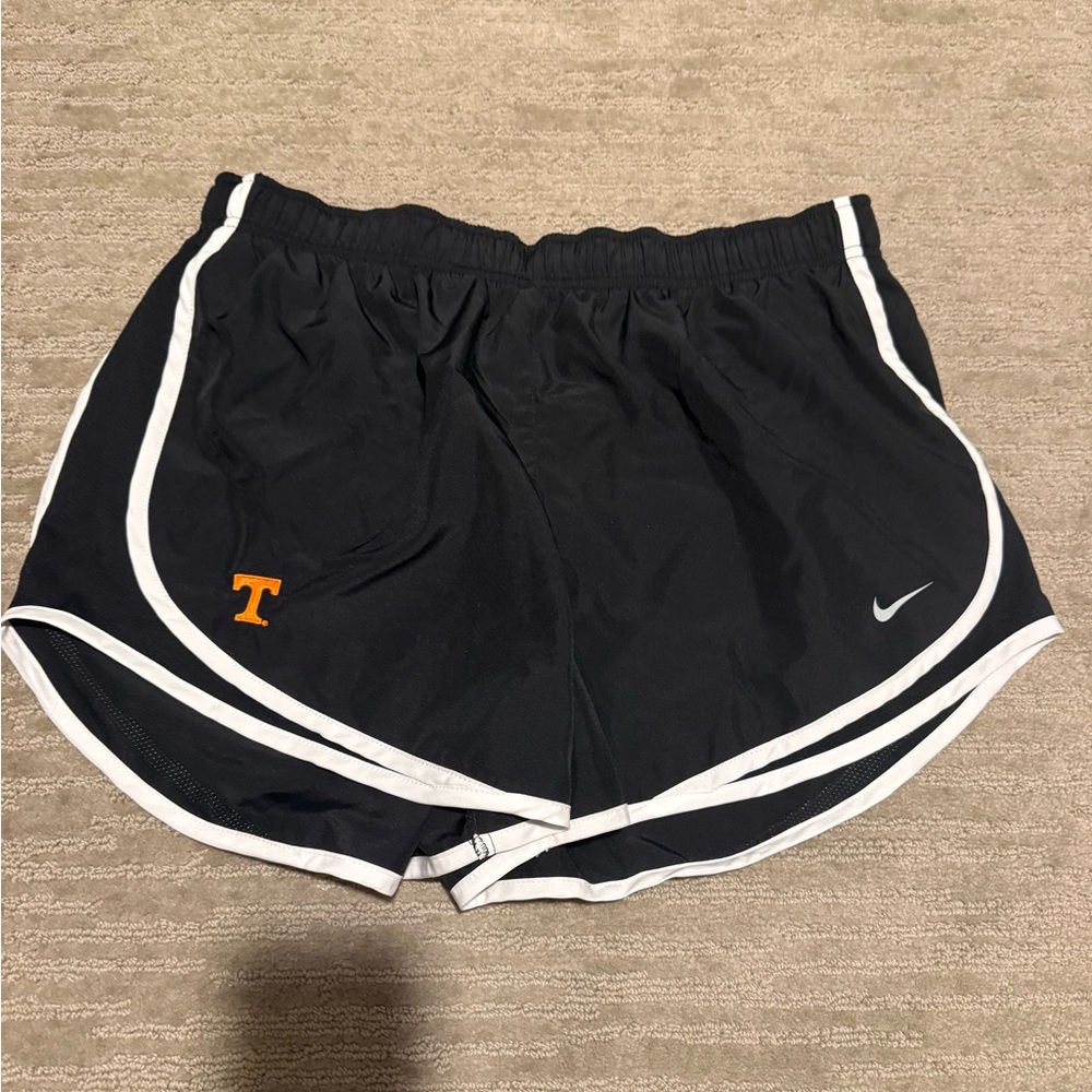 Nike Women’s Black Athletic Shorts with White Trim and Orange 'T'
